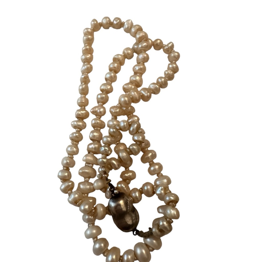 Vintage Knotted Freshwater Pearl Necklace: Sterling Silver Bean Clasp, 26 Inch